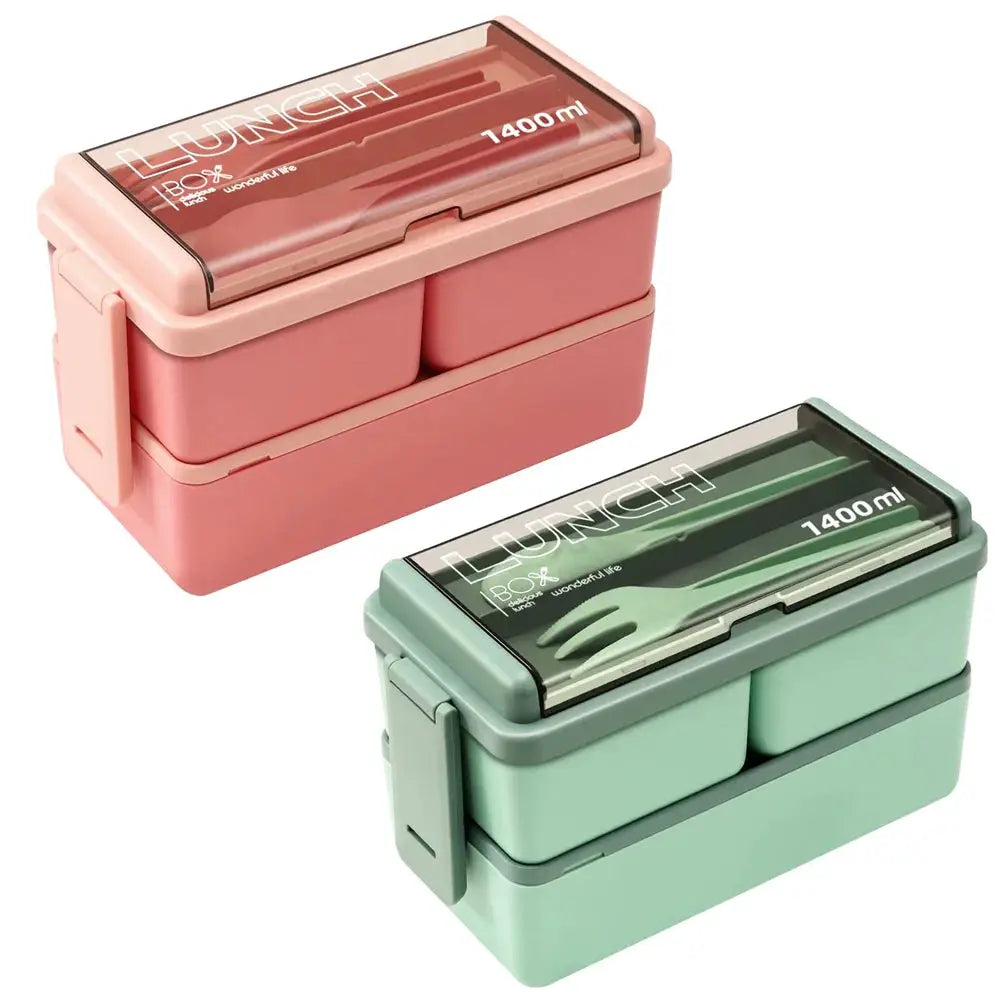 Portable Double Layer Lunch Box For Kids With Fork And Spoon Microwave Safe Bento Box Food Storage Container