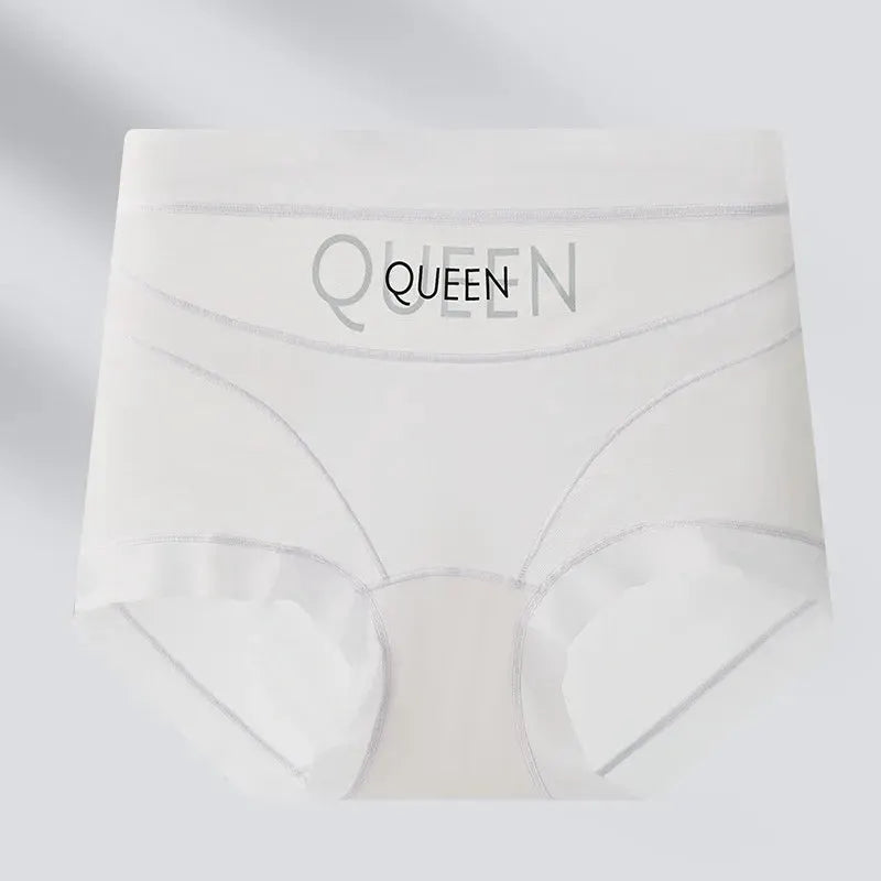 High-waisted seamless white ice-silk panties with breathable fit and QUEEN waistband