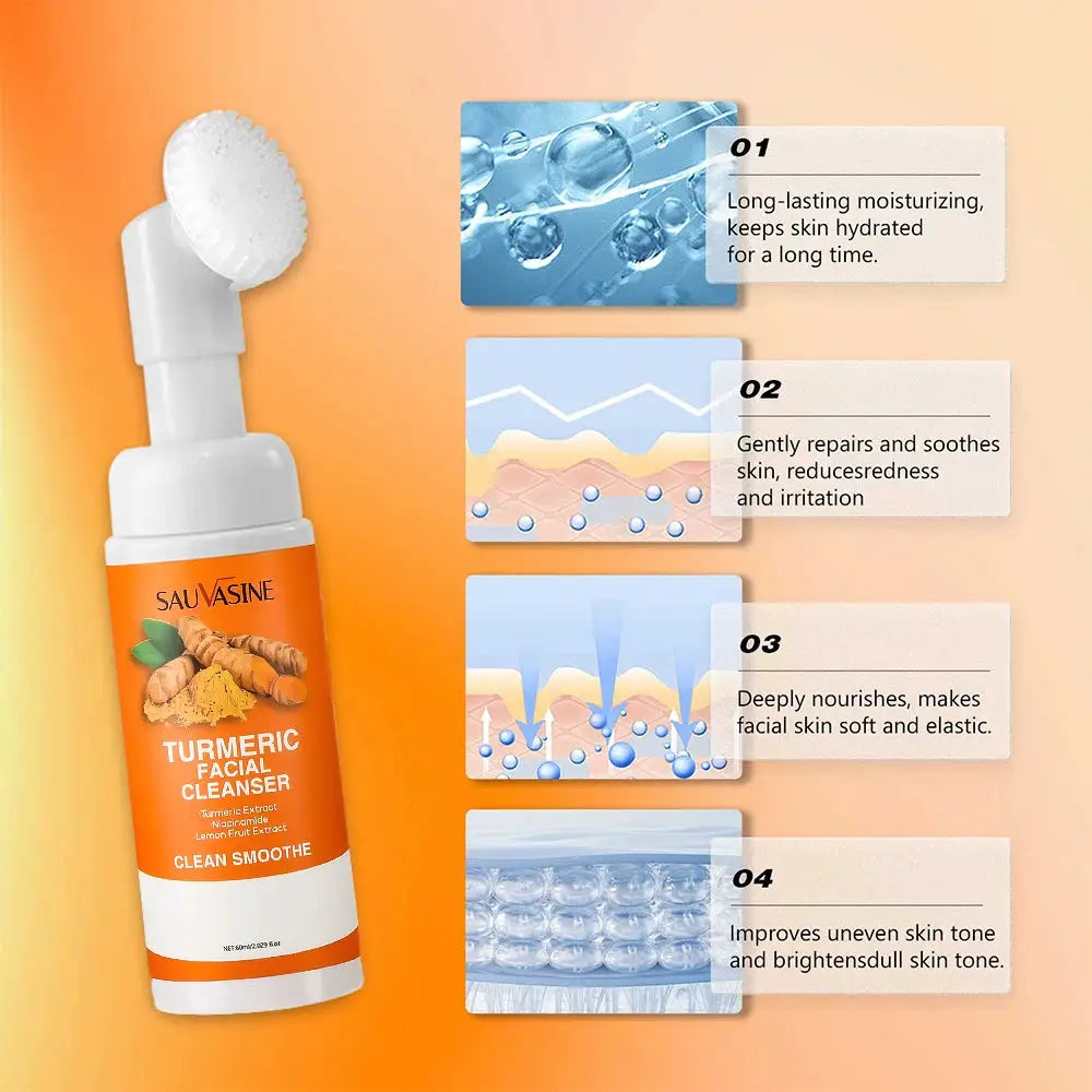 Turmeric Facial Cleanser With Lemon Extract And Niacinamide Daily Foaming Face Wash With Brush For Brightening Skin