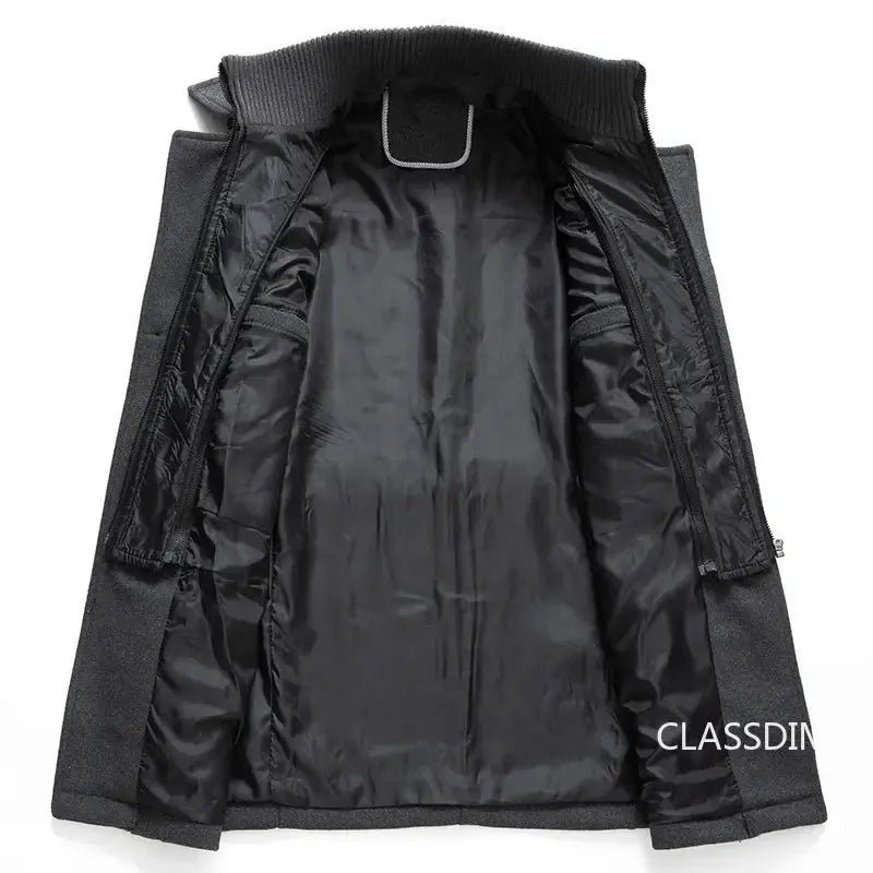 Men's black wool-blend trench coat with visible interior lining