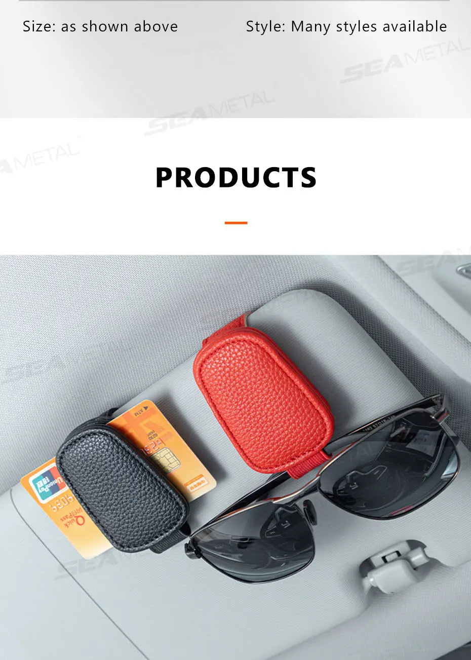 BLALION car sun visor clip sunglasses holder set, two PU leather cases in black and red with card slots