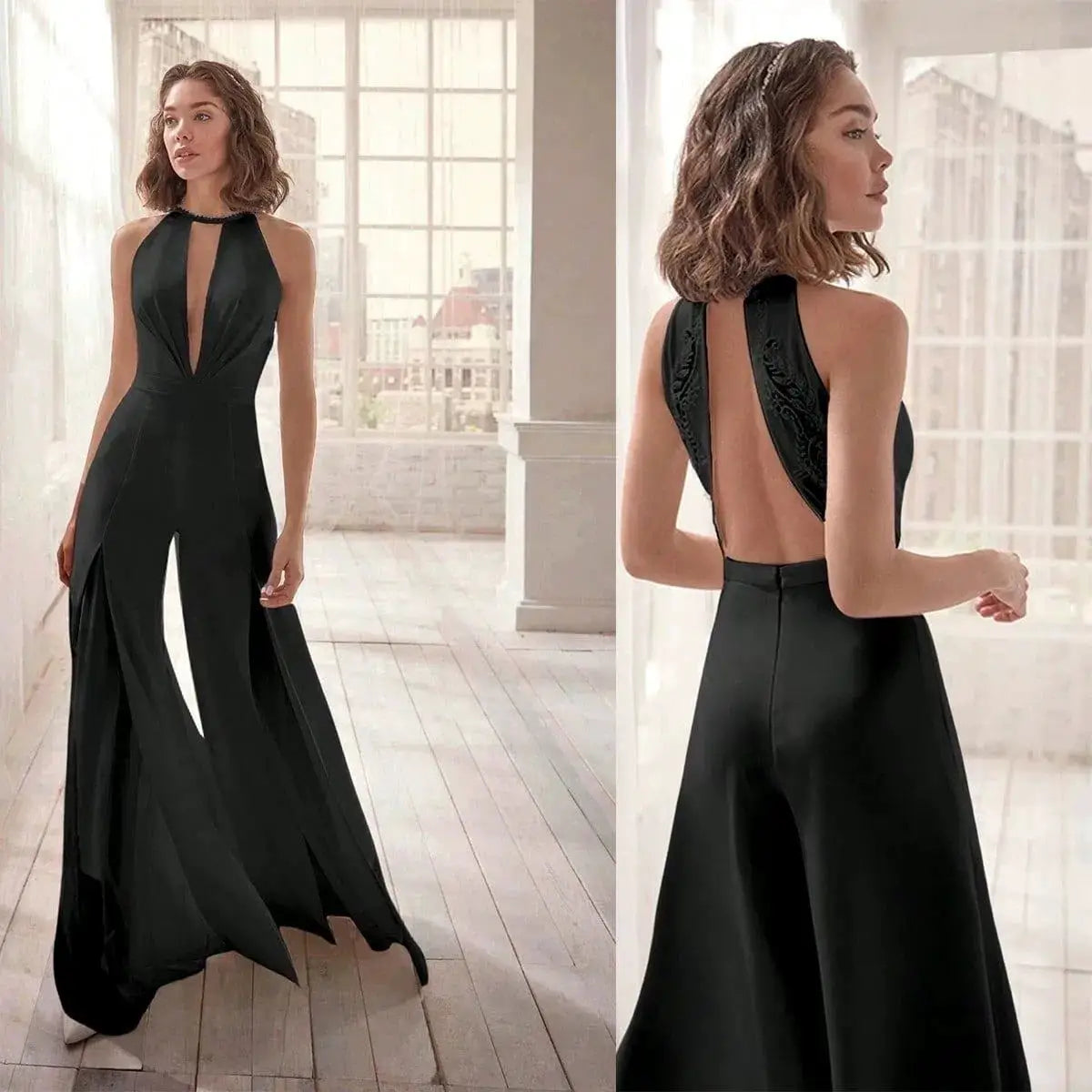 Black deep-V halter-neck backless jumpsuit with lace panels and wide-leg flared legs by Simples Market