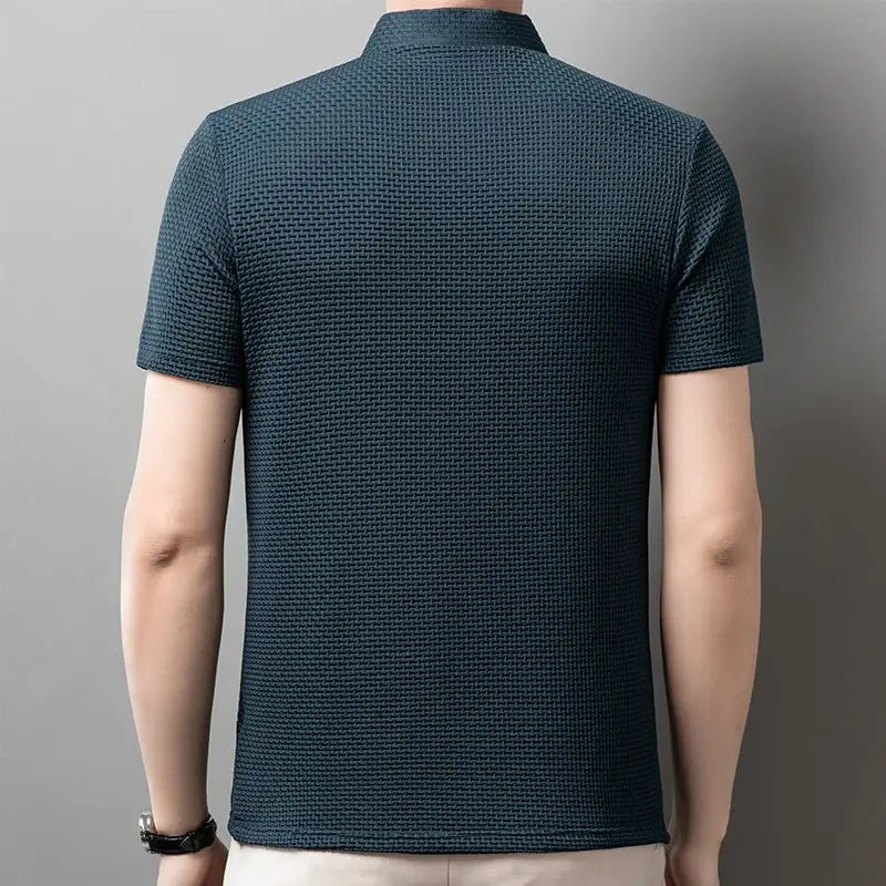 Men's polo shirt, dark blue textured weave, short sleeves.