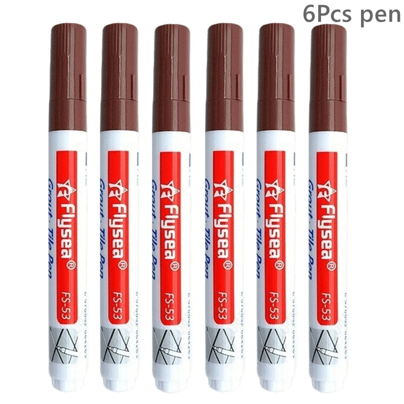6-pack grout pens with white bodies and brown caps; waterproof tile markers for wall seam repairs.