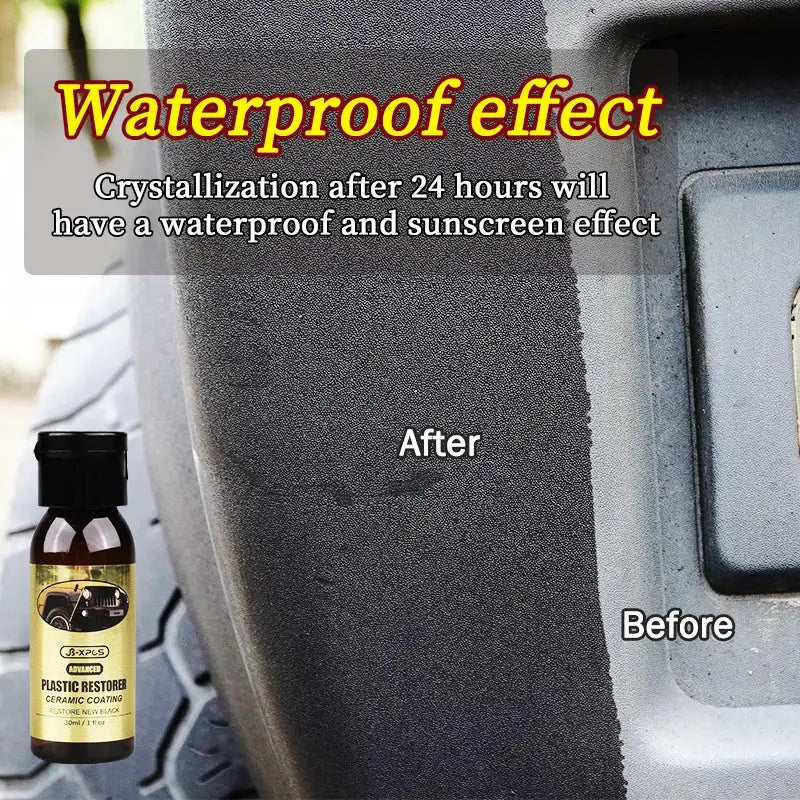 Car plastic restorer ceramic coating by Simples Market; bottle beside a bumper showing black plastic trim shine before/after.