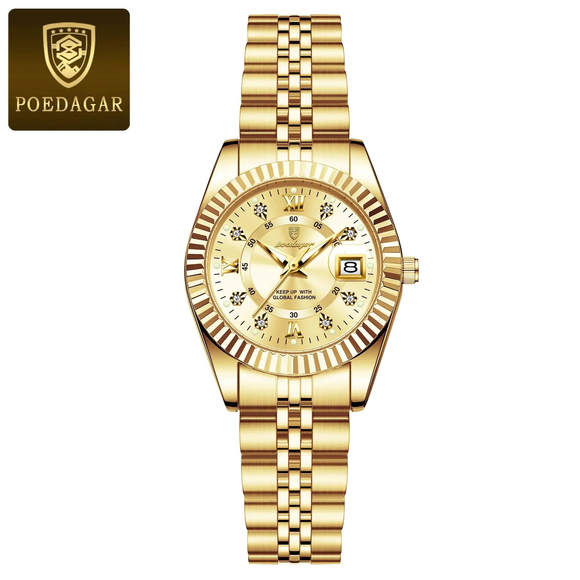 Gold-tone POEDAGAR women's luxury watch with stainless steel bracelet and date window