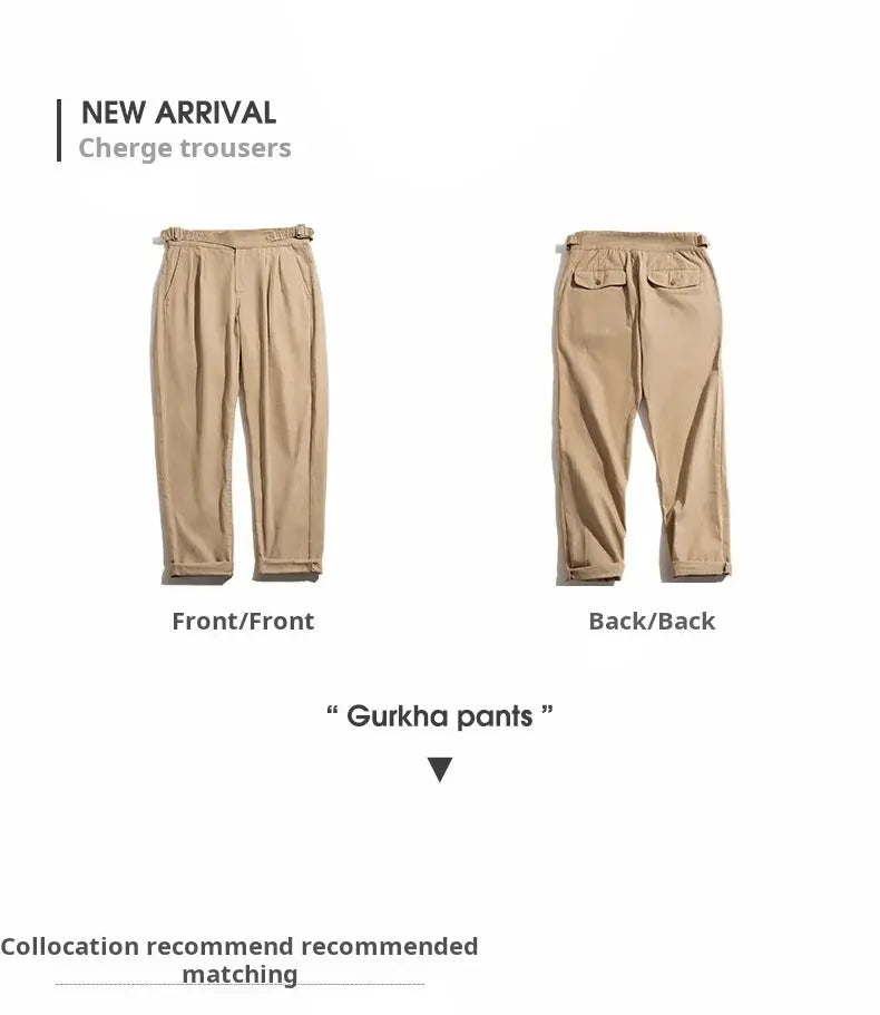 Gurkha pants by Simples Market in khaki with adjustable high waist; casual cargo work pants, front and back views