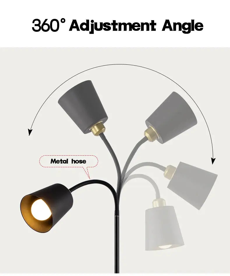 Floor lamp Simples Market with adjustable grey and black metal shade heads on a black wrought-iron stem