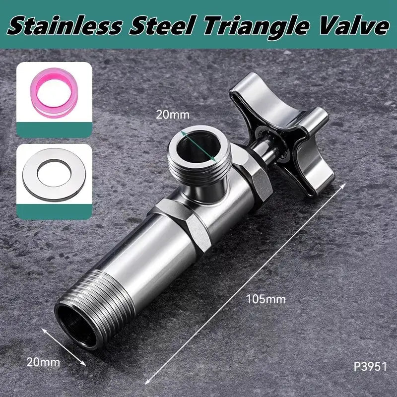 Stainless steel triangle valve by Simples Market for hot and cold water; 105mm long with 20mm threaded ends