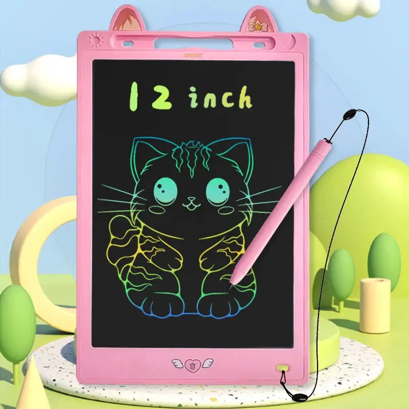 12-inch pink LCD writing tablet for kids by Simples Market with stylus and cat drawing