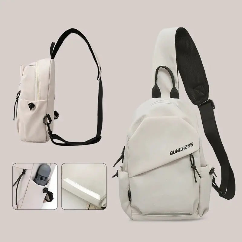 Lightweight crossbody tablet bag in sleek design, showing side and top views with adjustable strap.