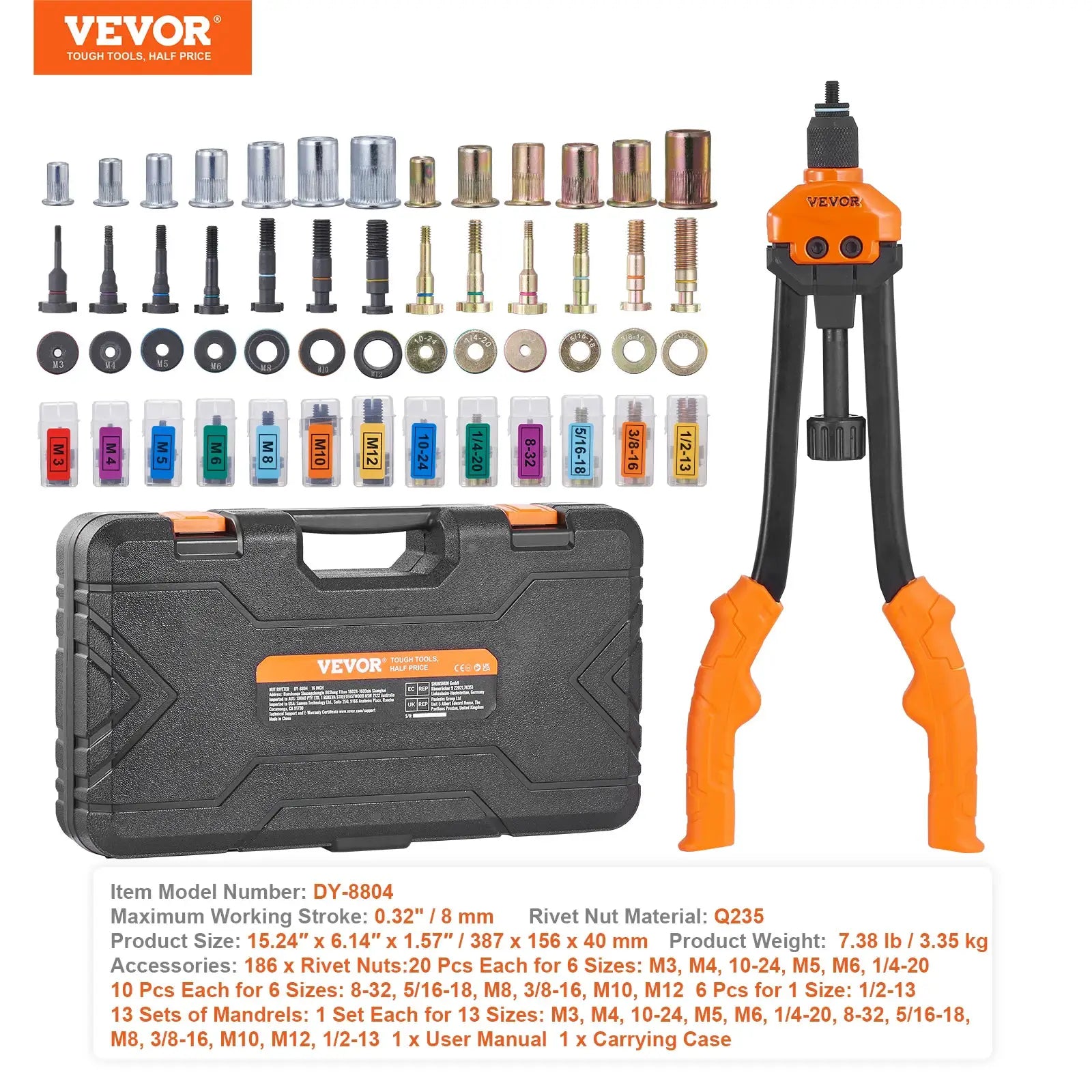 SucceBuy 14 Inch and 16 Inch Rivet Nut Tool Kit With Metric And SAE Mandrels 70 or 186 Piece Rivet Nuts In Rugged Case