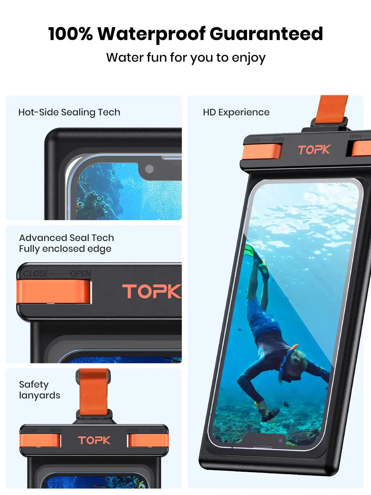 Topk Waterproof Phone Pouch IPX8 Underwater Case With Touchscreen Access For Phones Up To 7 Inches