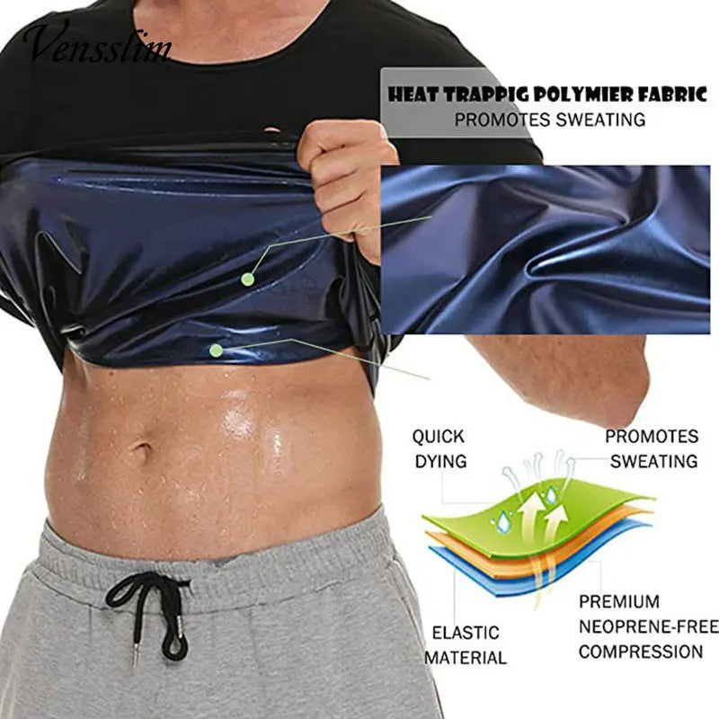 Vensslim men's black sauna vest with heat-trapping polymer fabric; promotes sweating and waist-shaping.