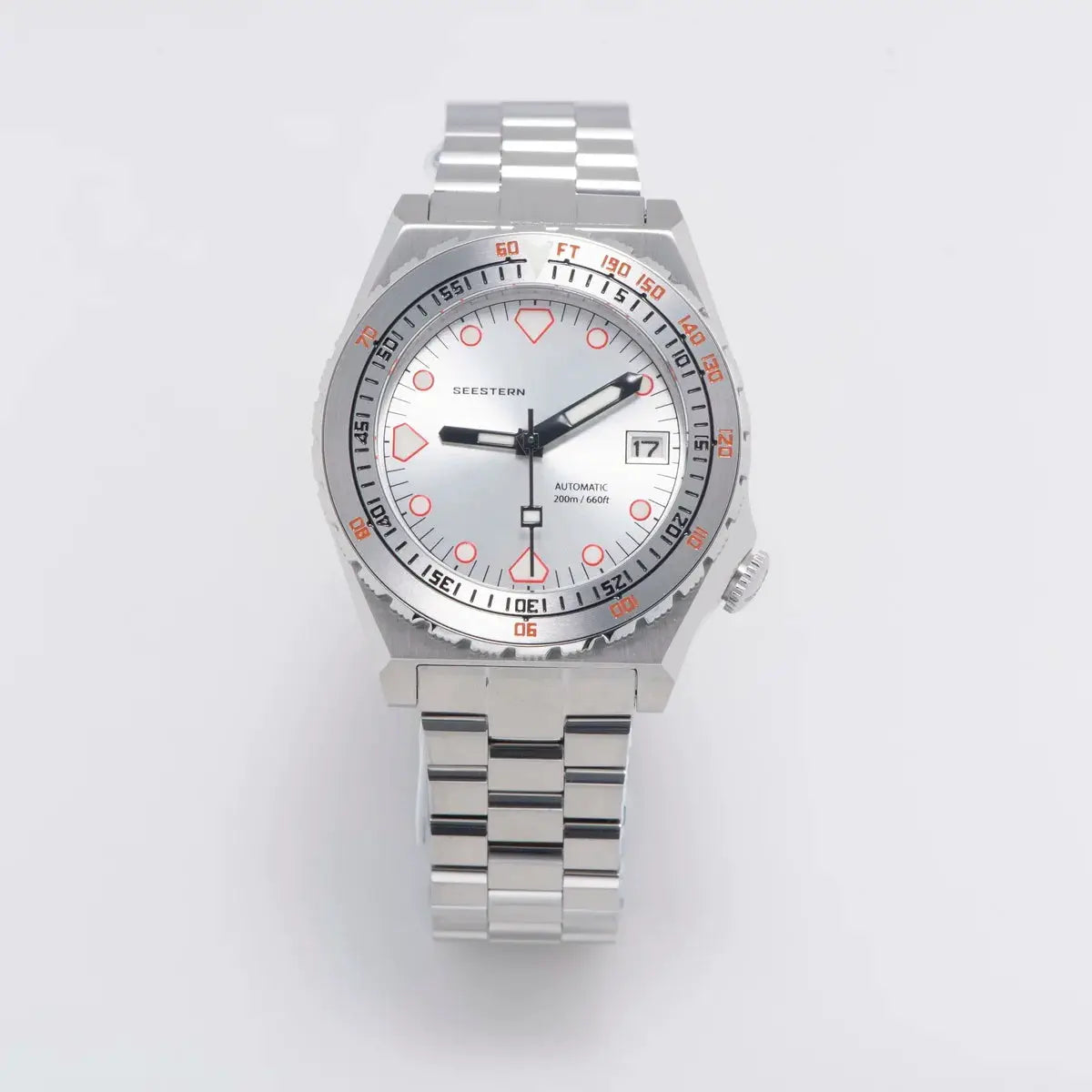 Seestern SUB600T men's diver watch with automatic NH35 movement, stainless steel bracelet, silver dial, ceramic bezel.