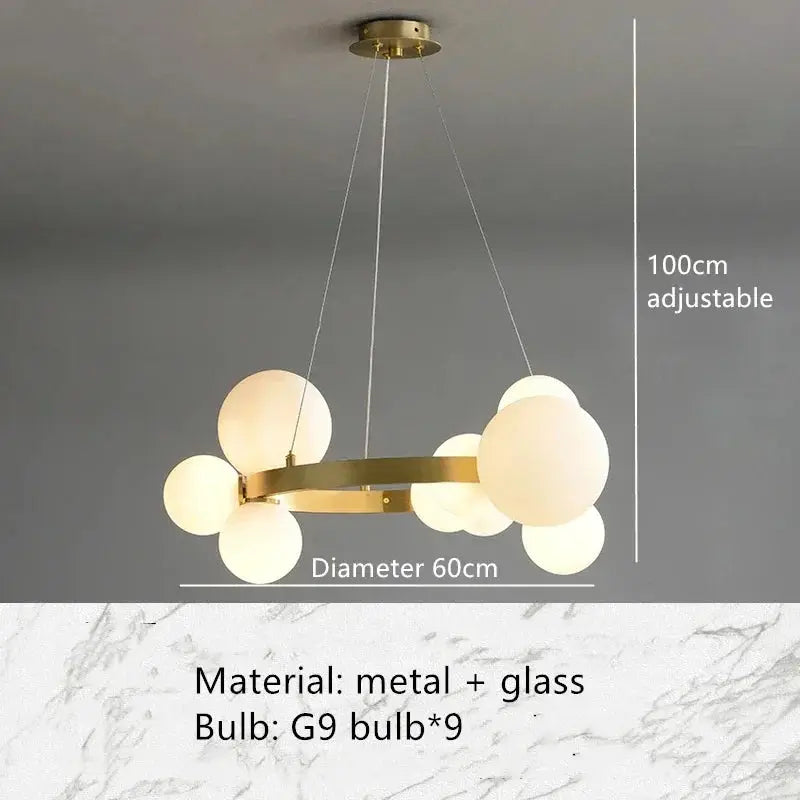 Simples Market simple chandelier with a gold metal ring and glass globes, 9 G9 bulbs, 100cm adjustable