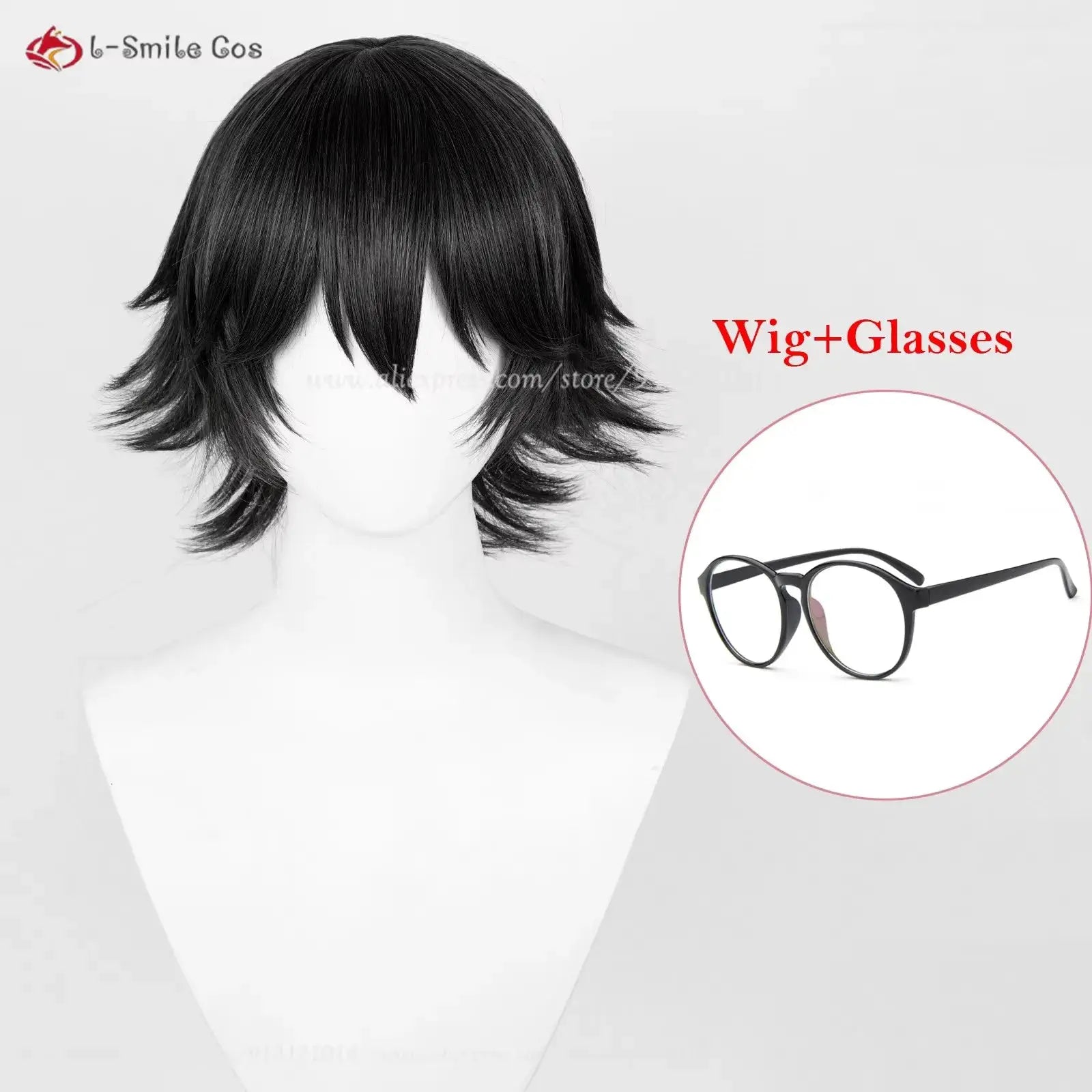 Shizuku Murasakii cosplay wig, black short style with glasses, heat‑resistant synthetic hair, Simples Market