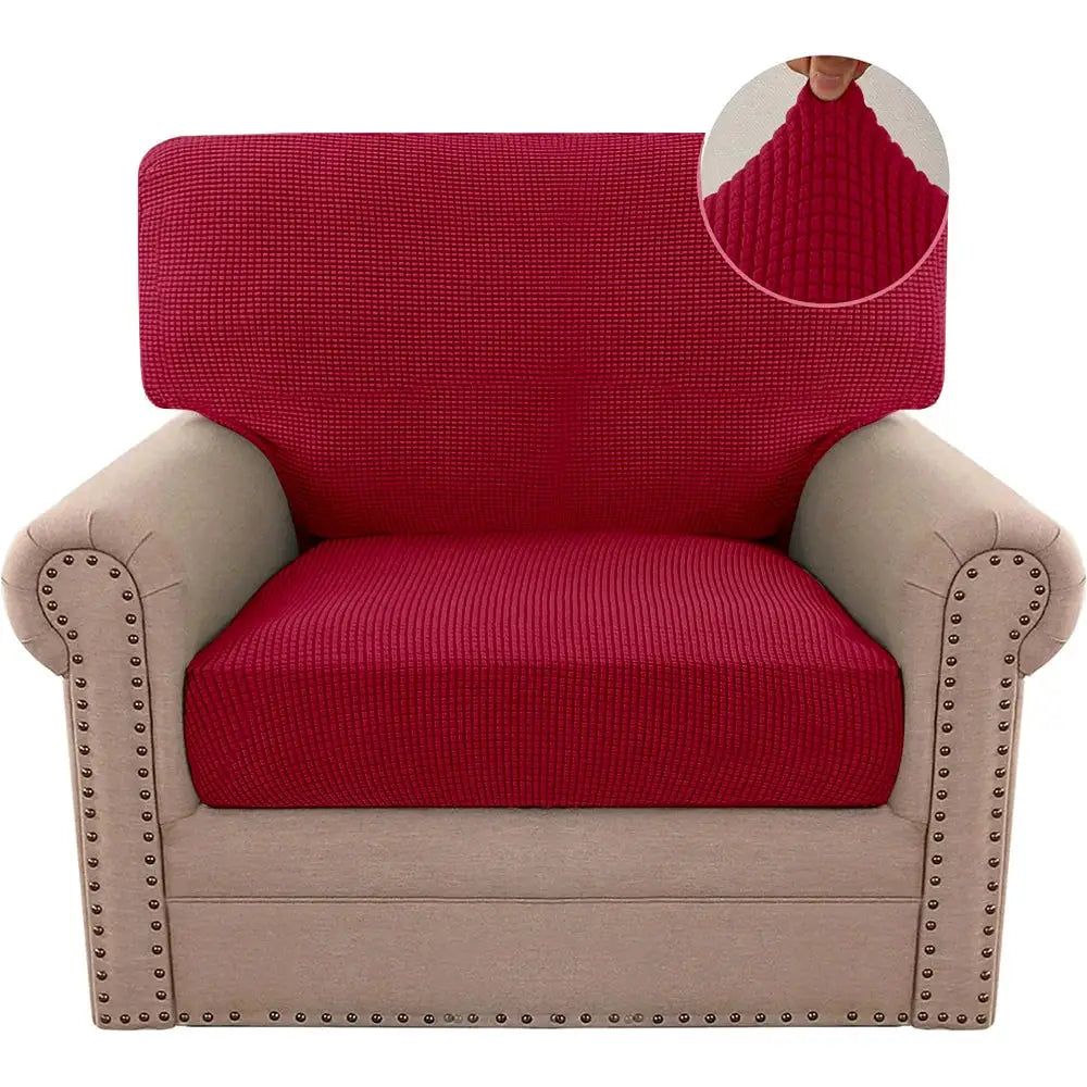Jacquard polar fleece sofa cover for armchair, red stretch fabric protects beige upholstery.