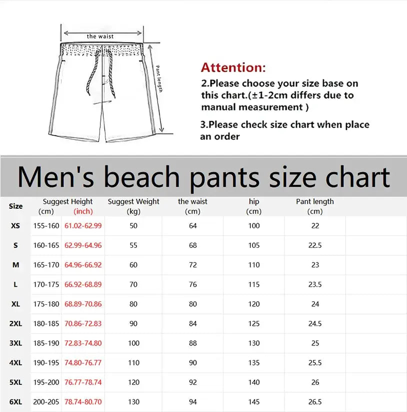 Men's beach shorts with drawstring waist; size chart and measurements.