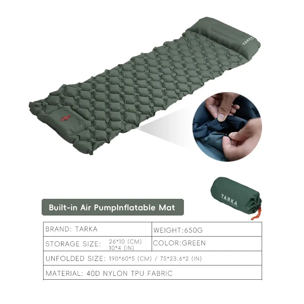 TARKA green self-inflating camping mat with built-in pump and pillow, rolled storage bag included