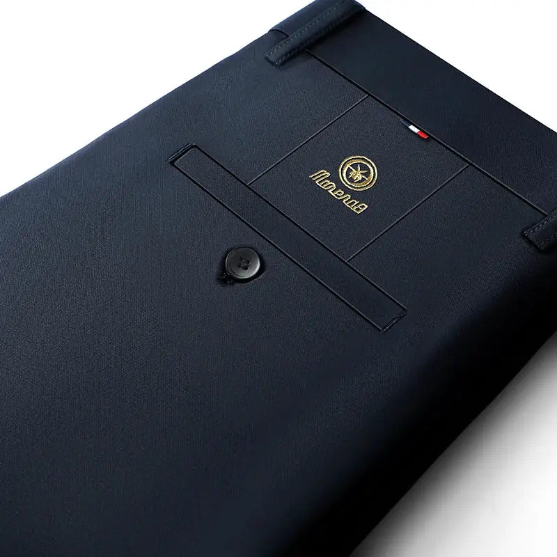 Simples Market men's stretch dress pants, navy blue with gold embroidered logo.