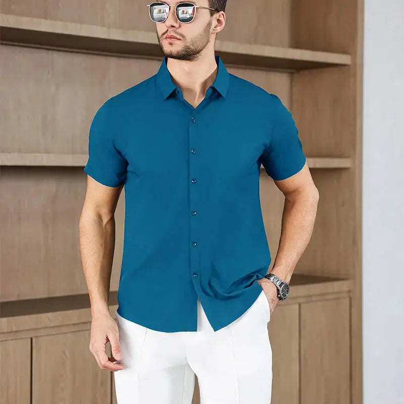 Men's teal short-sleeve button-down shirt, solid color for business casual wear