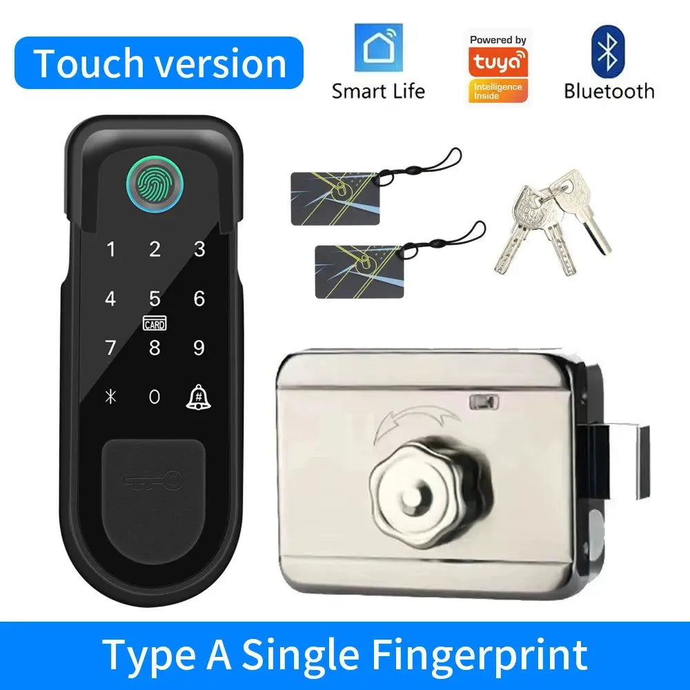 Simples Market black touch-screen smart door lock with fingerprint and RFID; includes 2 cards and 2 keys