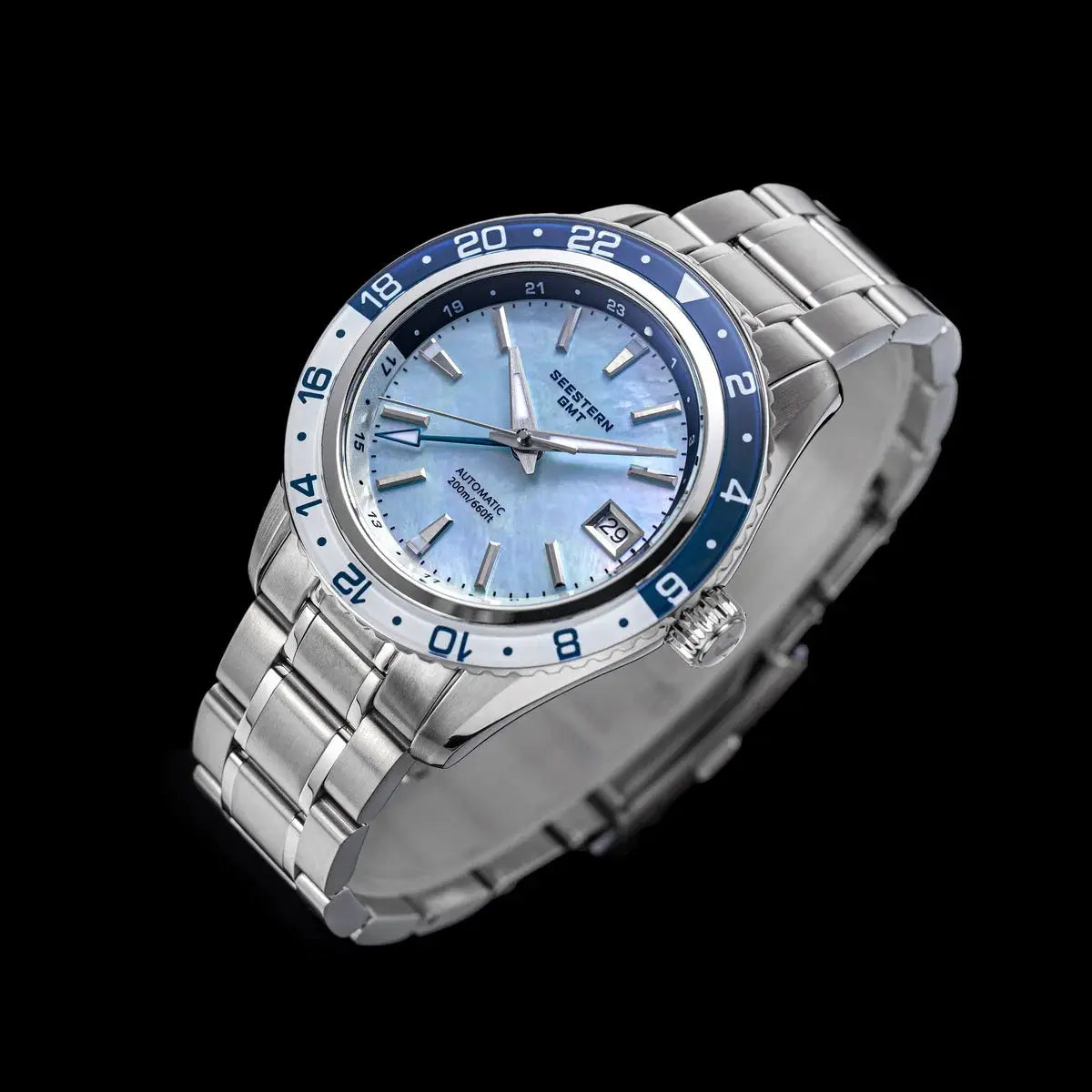 SEESTERN men's stainless steel GMT wristwatch with light-blue dial, blue bezel, date window