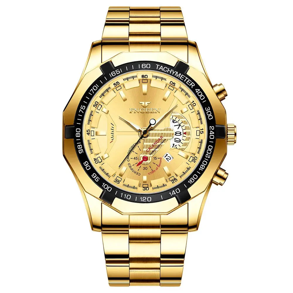 Men's gold-tone stainless steel quartz wristwatch with black tachymeter bezel