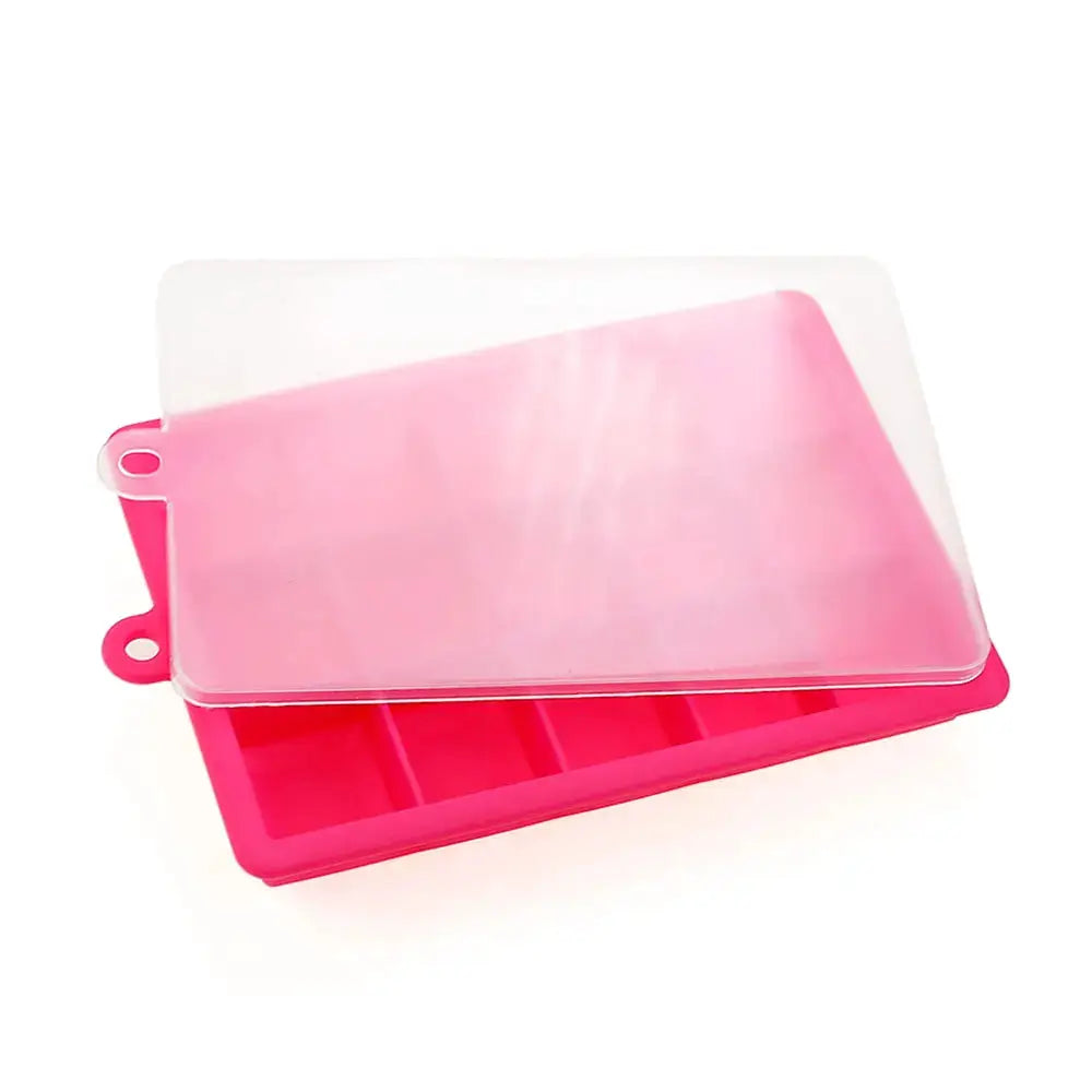 Pink silicone ice cube mold with clear lid, 24-square trays for whiskey and cocktails