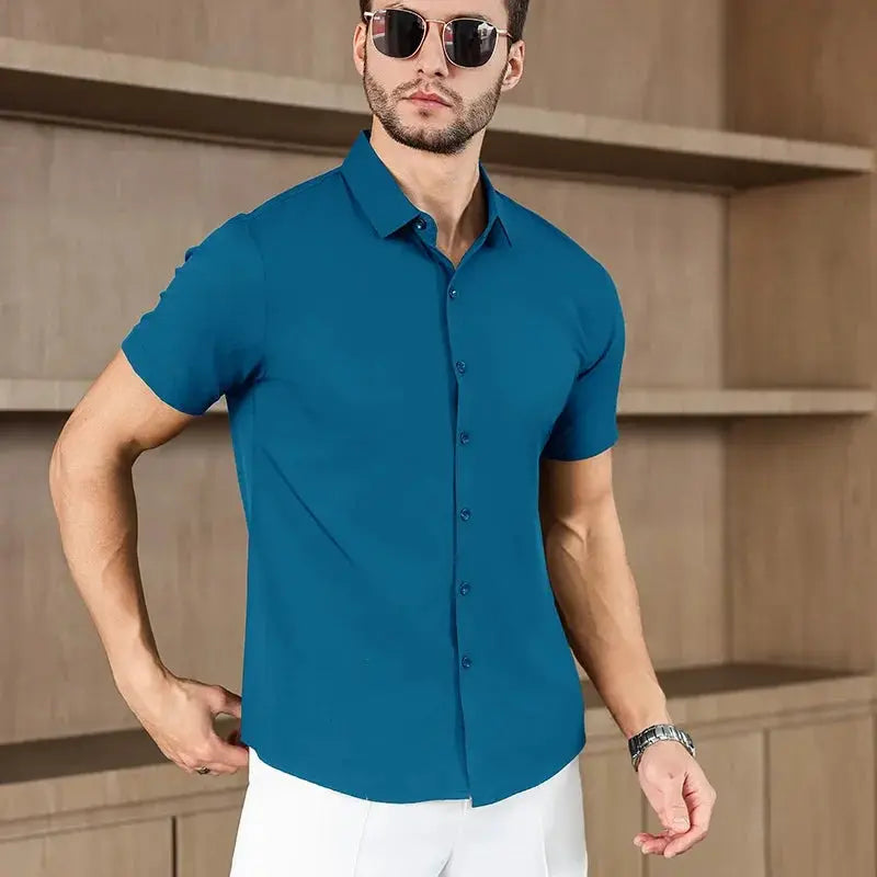 Men's teal blue solid color short-sleeve business casual shirt