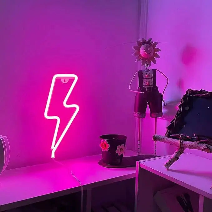 Lightning LED neon light with pink glow, USB/battery powered for home decor.