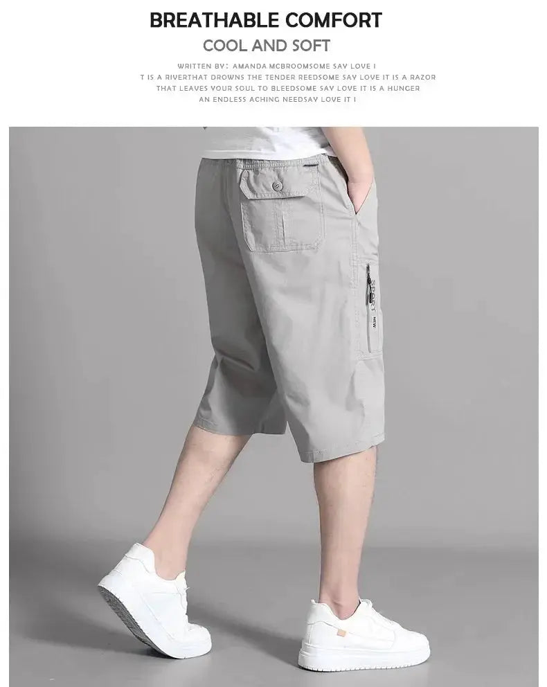 Simples Market mens cargo shorts in light grey cotton, knee-length with elastic waist, zip side pocket and back flap pocket