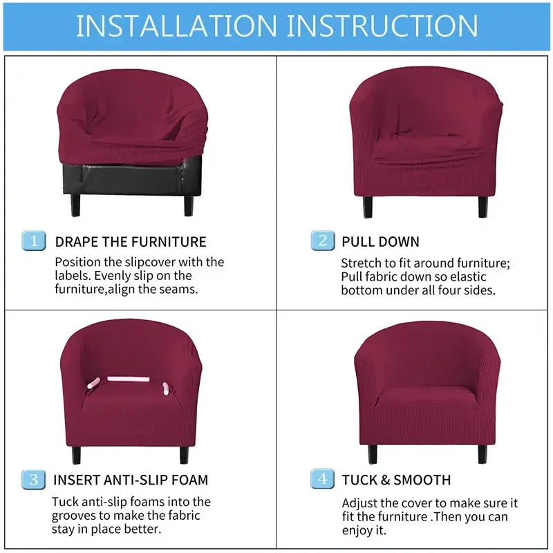 Elastic club chair slipcover in burgundy shown with a four-step installation guide.
