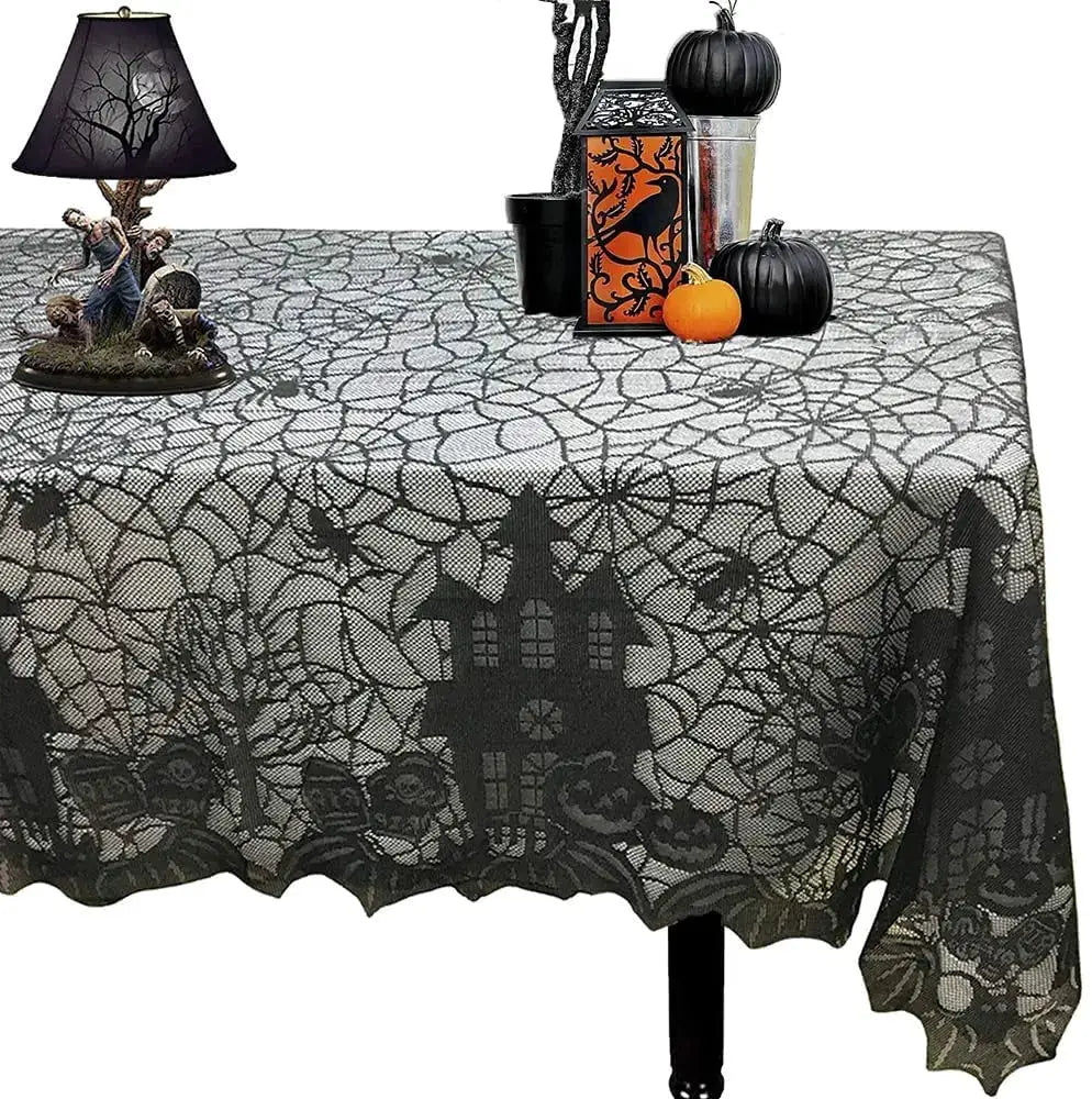 Halloween Lace Tablecloth With Spider Web Skull Pattern Rectangular Party Decor Haunted House