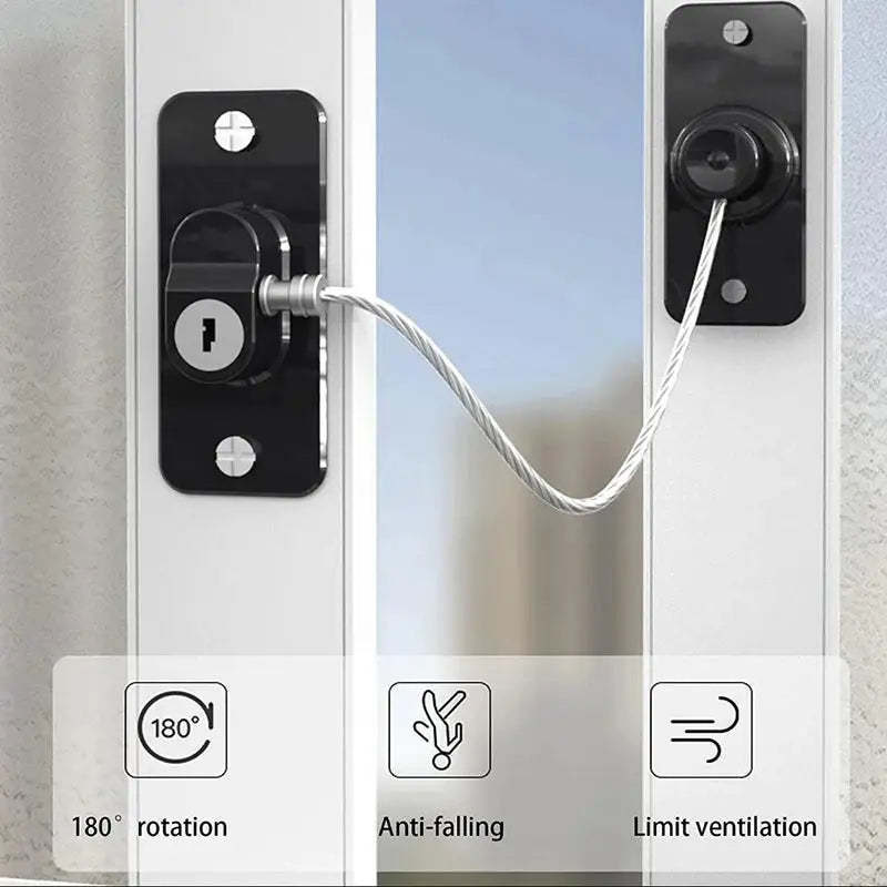 Simples Market child safety window lock set, two black metal latches with steel cable, anti-fall, 180° rotation