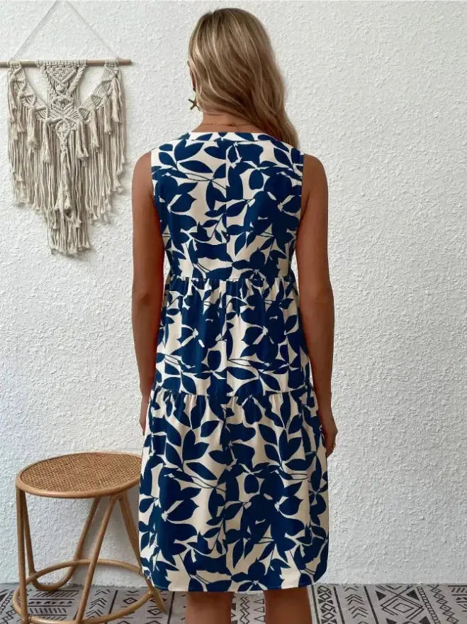 Women Boho Print Mini Dress Sleeveless V Neck Ruffle Beach Sundress