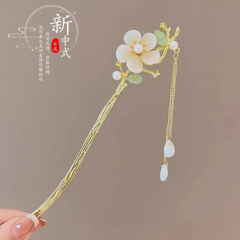 Elegant Chinese Style Romantic Enameled Flower Tassel Hair Clip Alloy Jewelry Hairpin For Women Fashion Accessory