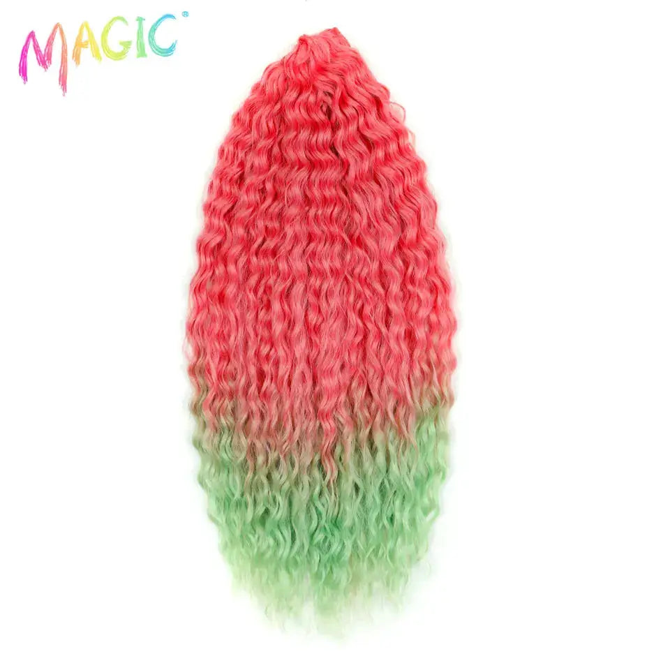 Magic Ariel Curl crochet hair by Simples Market, pink-to-green ombre, 22in deep wave synthetic braiding hair extensions