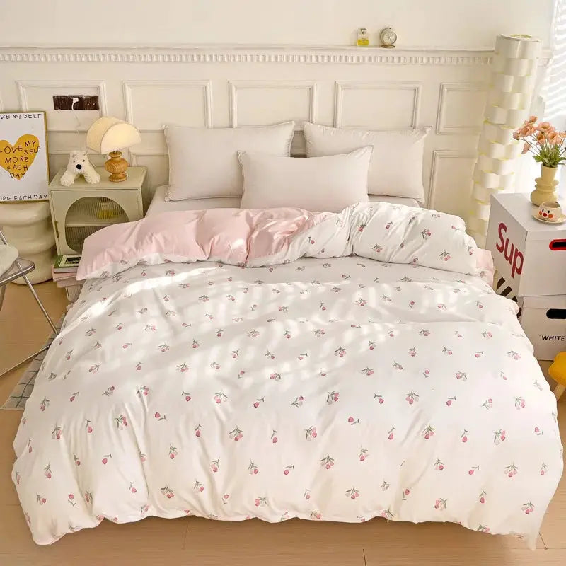 3-piece knitted and washed double-layer yarn bed set with quilt cover and two pillowcases, white with floral print.