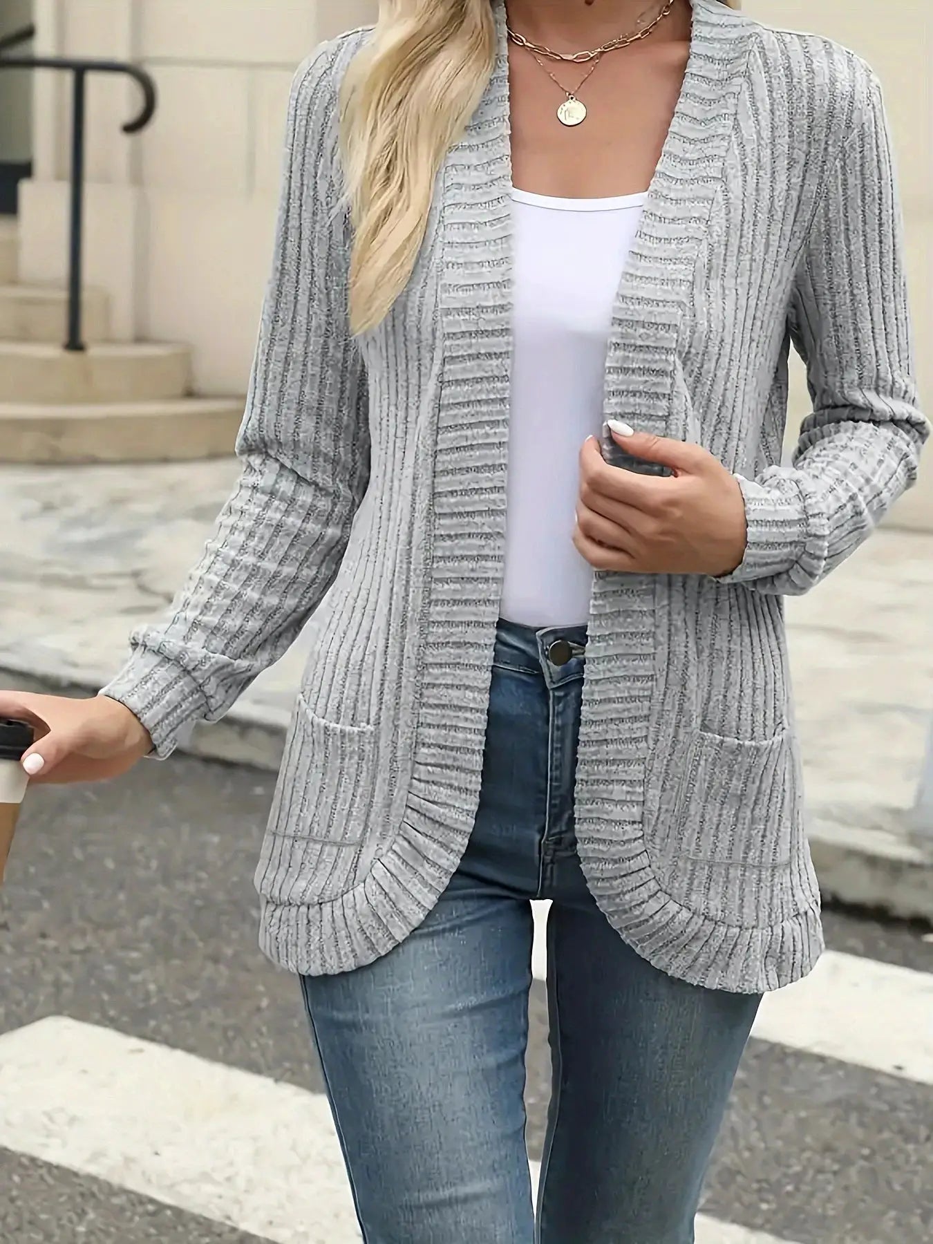StyleNest Solid Color Brushed Pinstripe Cardigan Jacket For Women With Cozy Warmth And High Stretch Knit