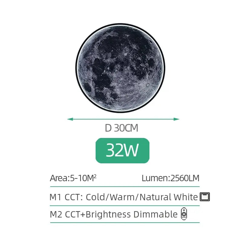 LED Moon Wall Lamp, 30 cm diameter, 32W, remote-controlled dimmable with cold/warm/natural white modes, 2560 lm