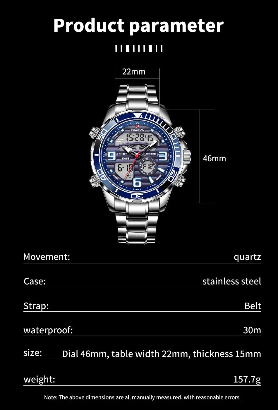 FOXBOX men's military sport quartz watch with blue dial and stainless steel case and bracelet