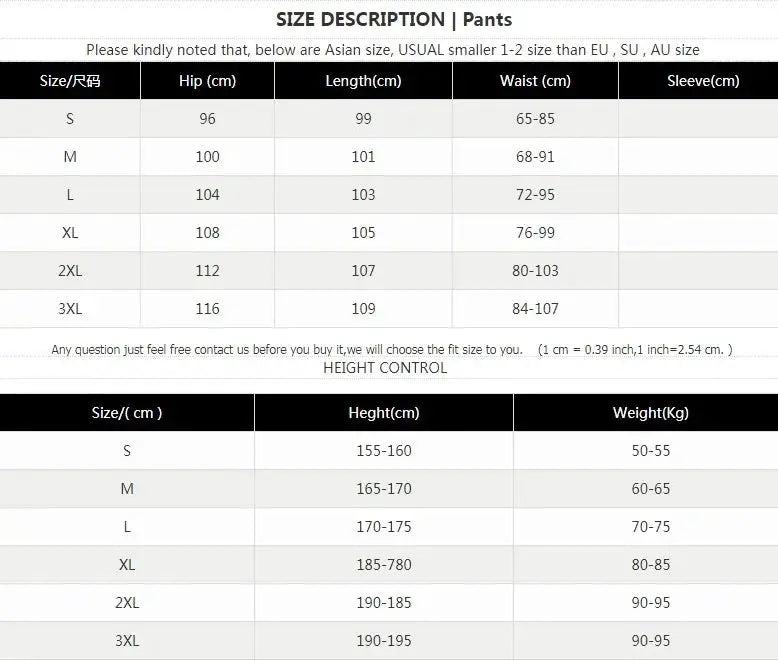Simples Market size chart for pants with hip, length, waist and sleeve measurements and height/weight ranges.