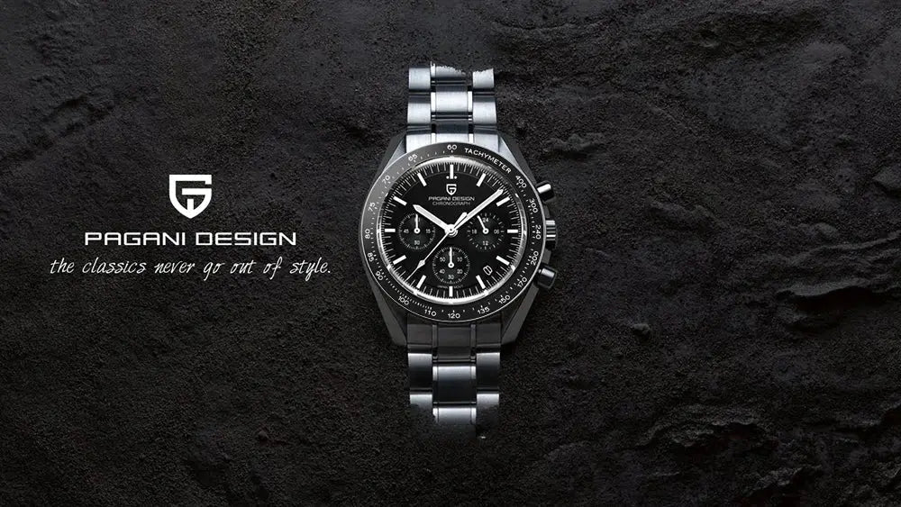 PAGANI DESIGN men's chronograph watch with black dial on stainless steel bracelet and tachymeter bezel.