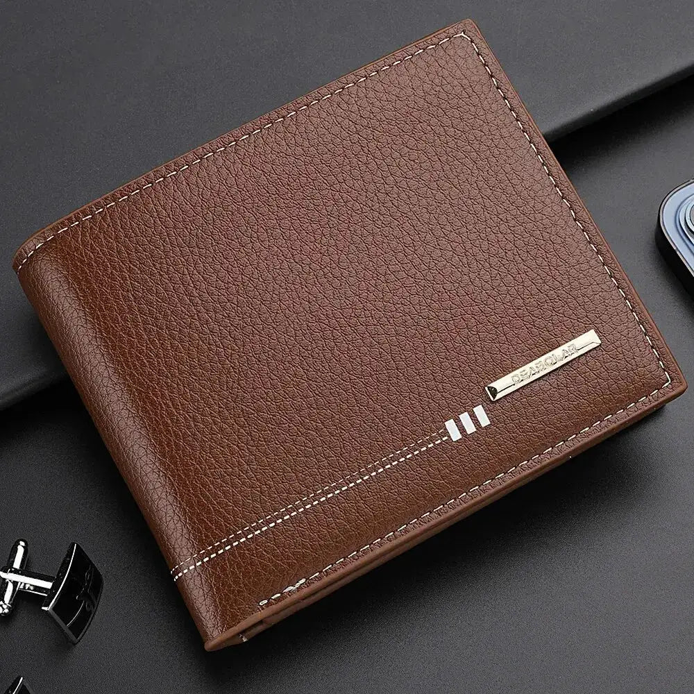 Simples Market brown lychee-pattern leather men's short wallet with zipper coin pocket