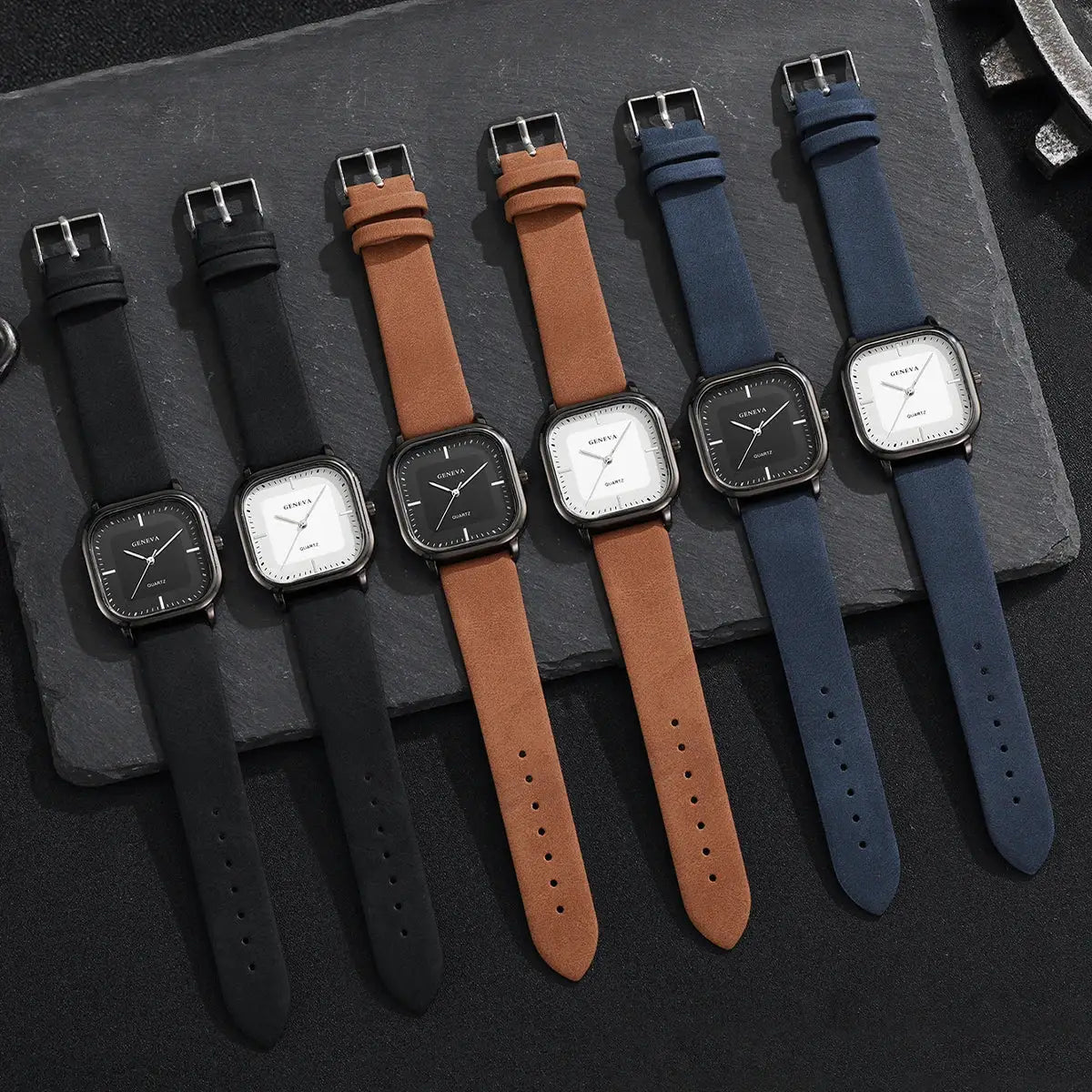 Men's square-dial quartz wristwatches with leather straps in black, brown and blue by Simples Market (6-pack)