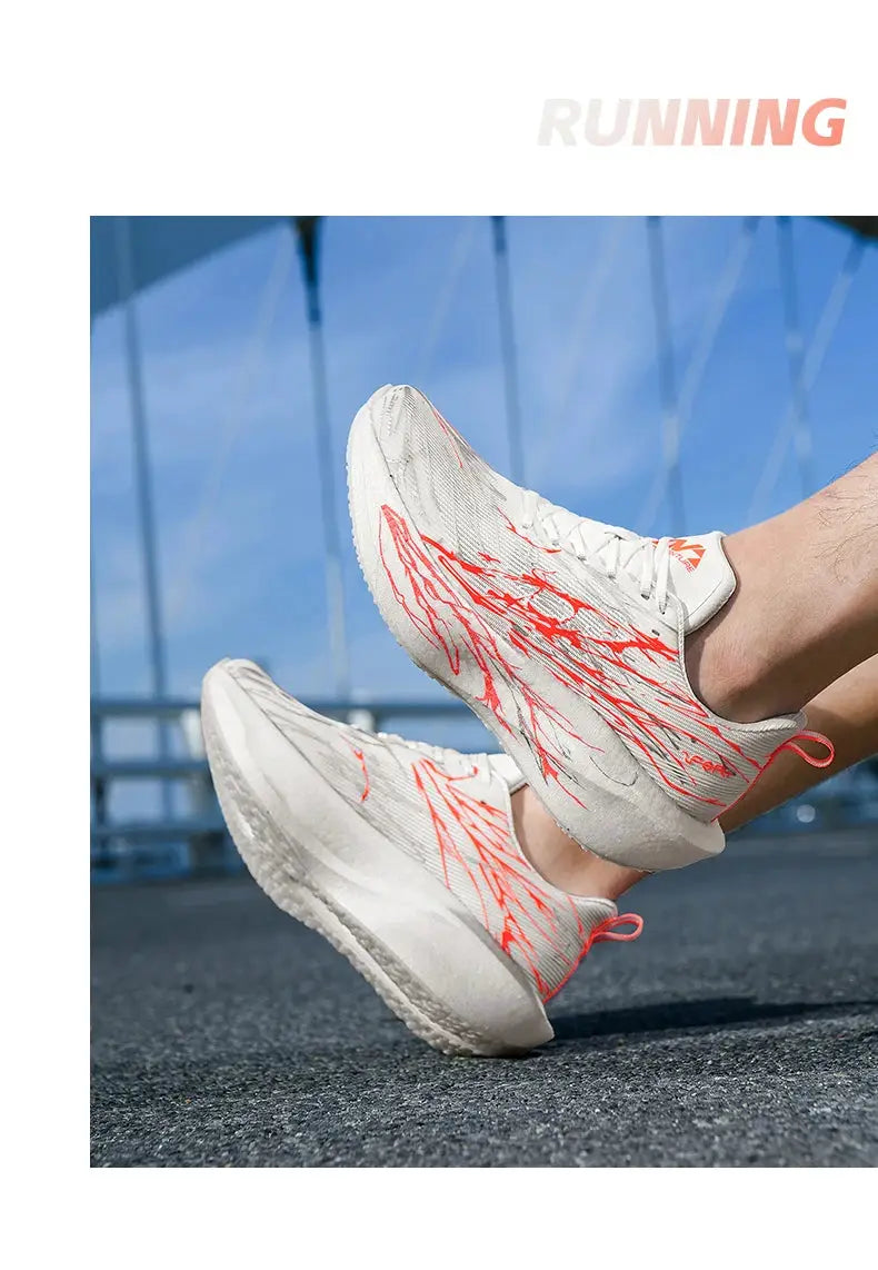 Men's running shoes pair, white with orange abstract accents, breathable lightweight athletic sneakers for running