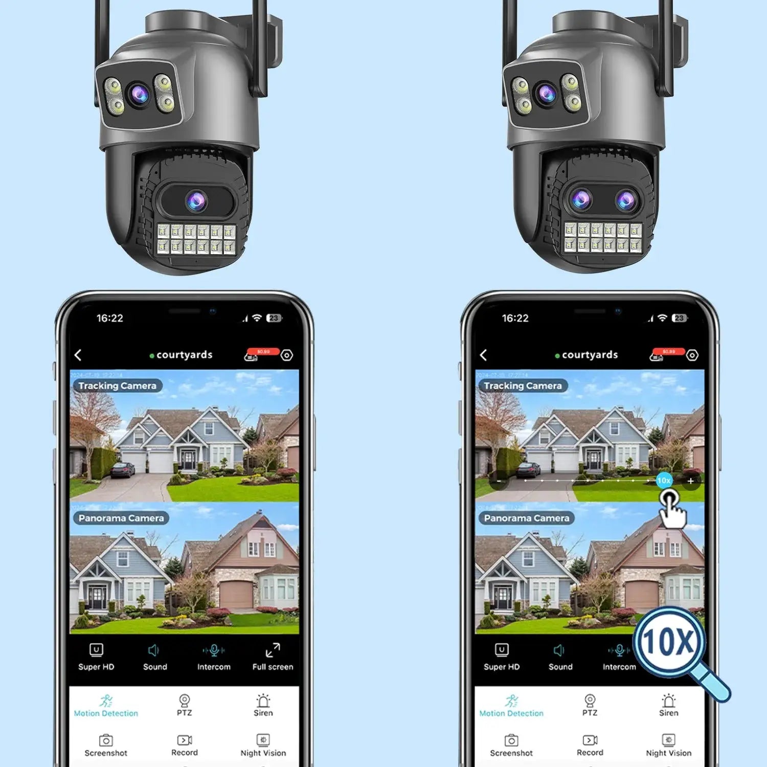 Two BESDER 15MP Wifi Outdoor CCTV cameras with 10x digital zoom; PTZ dual-camera setup shown with smartphone app view