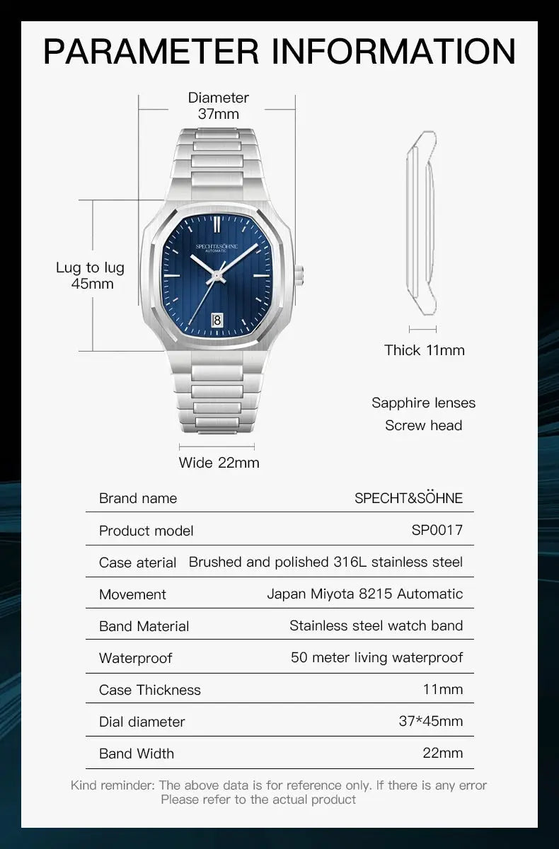 Specht&Söhne stainless steel watch with blue dial, 37mm case, automatic movement, 50m water resistance